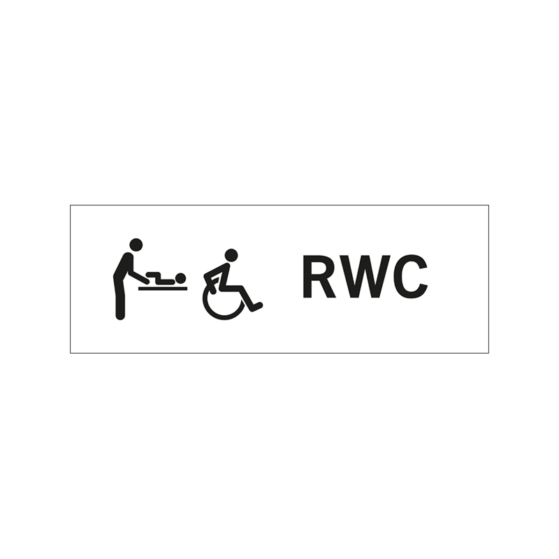Rumsskylt för RWC med pictogram för RWC och skötbord, i lasergraverad hårdplast som ger tydlig rumshänvisning.