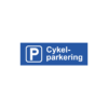 Parkeringsskylt i format 300x100mm med texten "Cykelparkering". Produceras som plan skylt i aluminium med printad folie, alternativt som lasergraverad plastskylt.