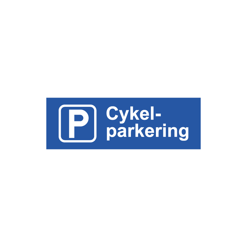 Parkeringsskylt i format 300x100mm med texten "Cykelparkering". Produceras som plan skylt i aluminium med printad folie, alternativt som lasergraverad plastskylt.