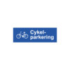 Parkeringsskylt i format 300x100mm med texten "Cykelparkering" tillsammans med ett piktogram av en cykel. Produceras som plan skylt i aluminium med printad folie, alternativt som lasergraverad plastskylt.