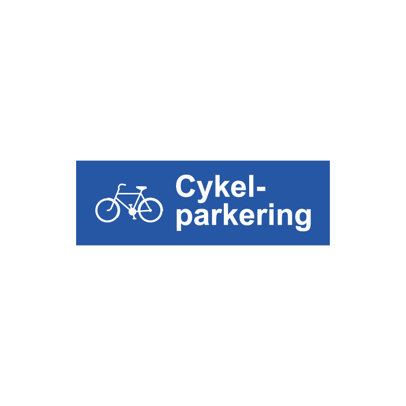 Parkeringsskylt i format 300x100mm med texten "Cykelparkering" tillsammans med ett piktogram av en cykel. Produceras som plan skylt i aluminium med printad folie, alternativt som lasergraverad plastskylt.