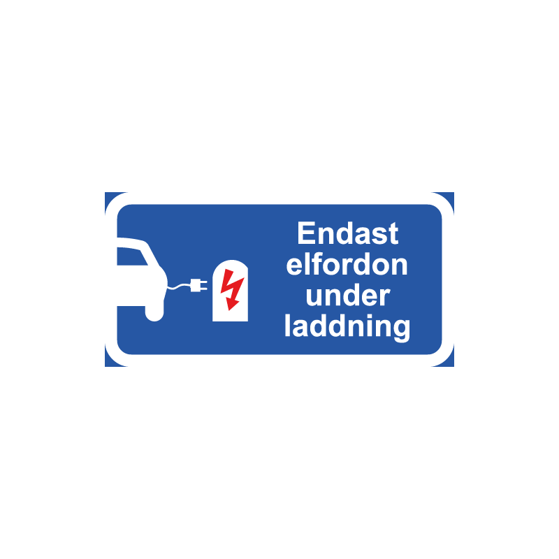 Tilläggsskylt med piktogram och texten "Endast elfordon under laddning". Blå med reflexfolie.