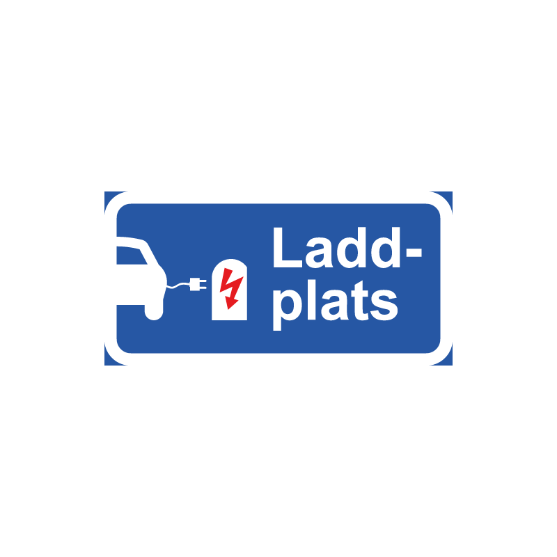 Tilläggsskylt för laddplats av elfordon. Blå med oiktogram.