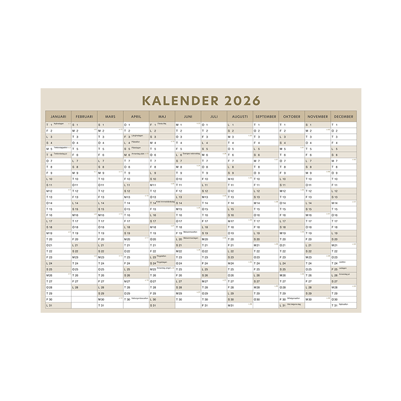 Årskalender för 2026 i formatet 1000x700 mm. Förutom veckodagar är helgdagar och veckonummer markerat. Beige färgställning.