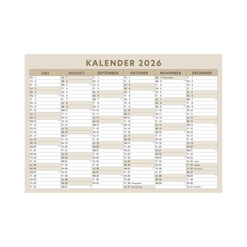 Kalender för höstterminen 2026 i formatet 1000x700 mm. Förutom veckodagar är helgdagar och veckonummer markerat. Beige färgställning.