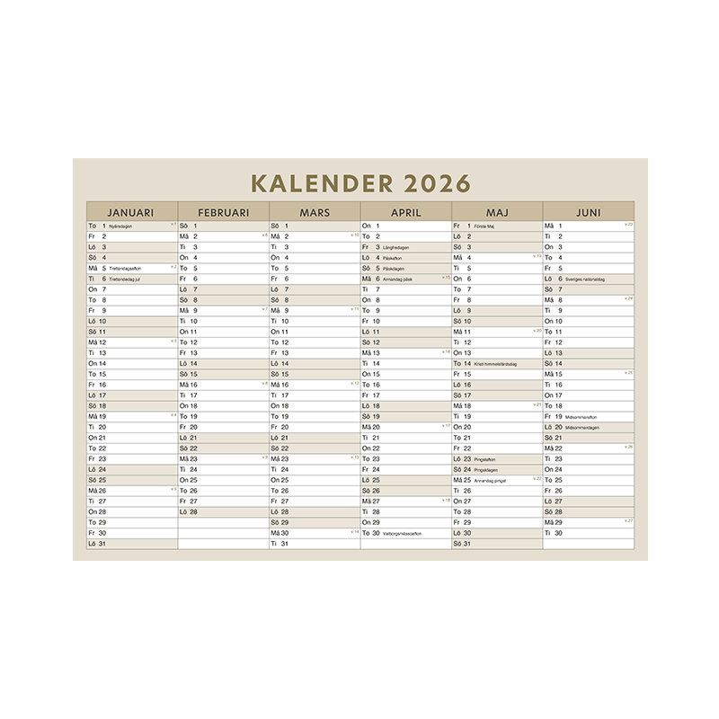 Kalender för vårterminen 2026 i formatet 1000x700 mm. Förutom veckodagar är helgdagar och veckonummer markerat. Beige färgställning.
