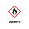 Varningsskylt i standardutförande med piktogram och text Brandfarlig. Vit bakgrund och piktogram i rött och svart.