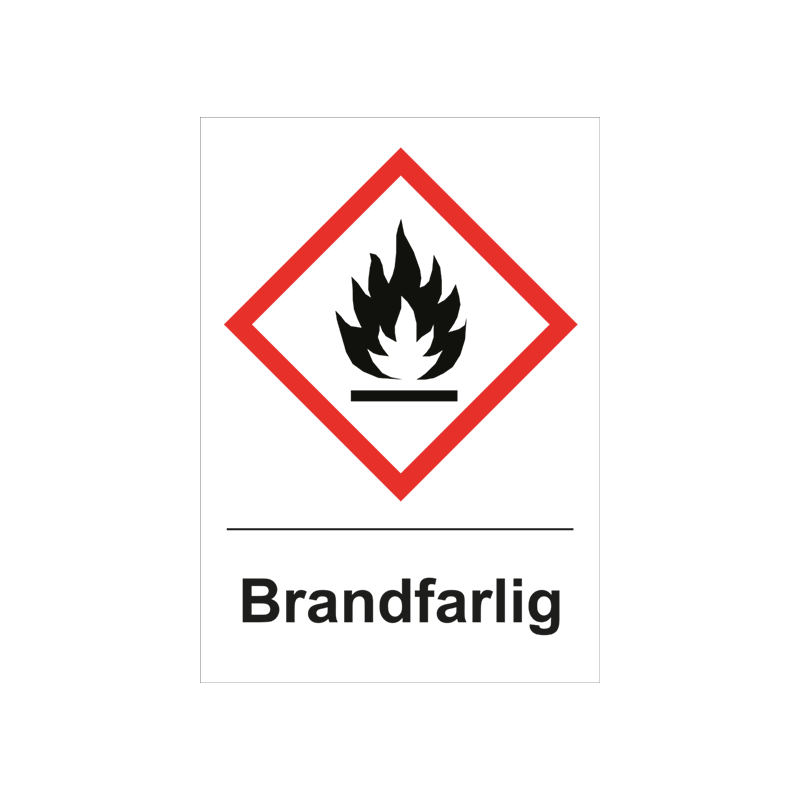 Varningsskylt i standardutförande med piktogram och text Brandfarlig. Vit bakgrund och piktogram i rött och svart.