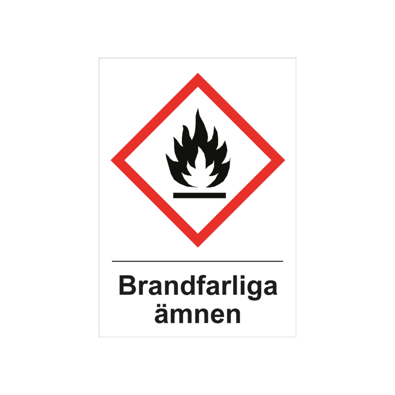 Varningsskylt i standardutförande med piktogram och text Brandfarliga ämnen. Vit bakgrund och piktogram i rött och svart.