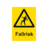 Varningsskylt i standardutförande med piktogram och text Fallrisk. Gul bakgrund och piktogram och text i svart.