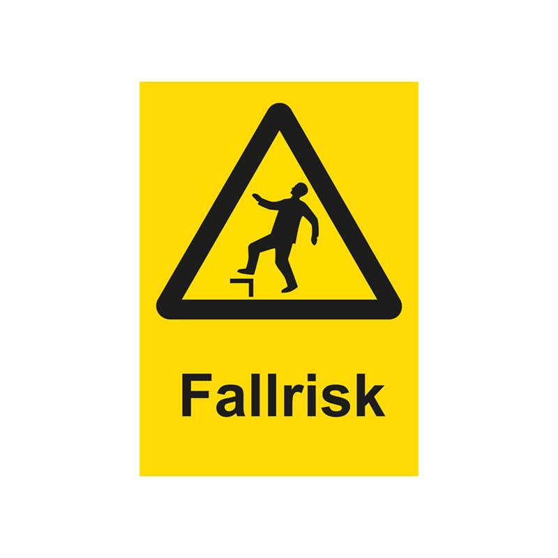 Varningsskylt i standardutförande med piktogram och text Fallrisk. Gul bakgrund och piktogram och text i svart.