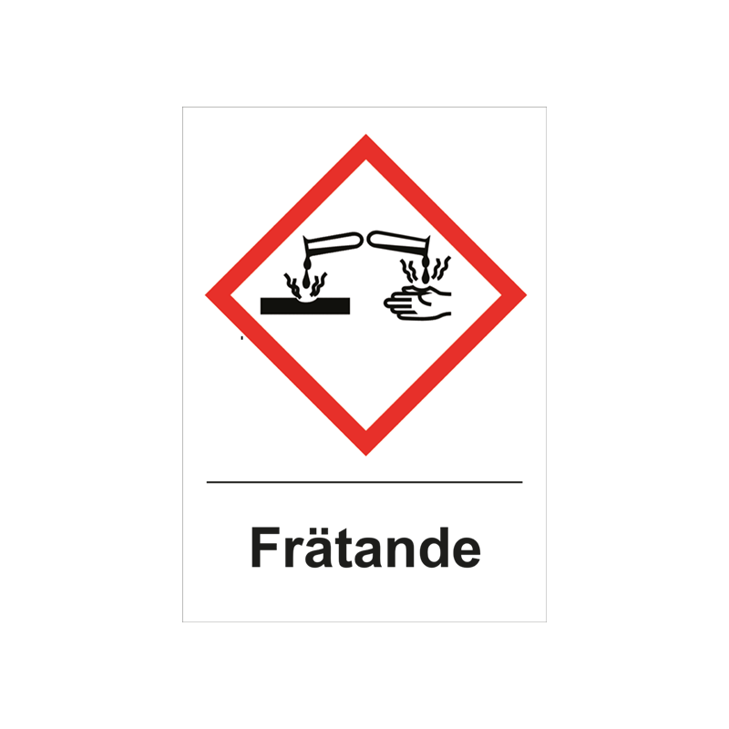 Varningsskylt i standardutförande med piktogram och text Frätande. Vit bakgrund och piktogram i rött och svart.