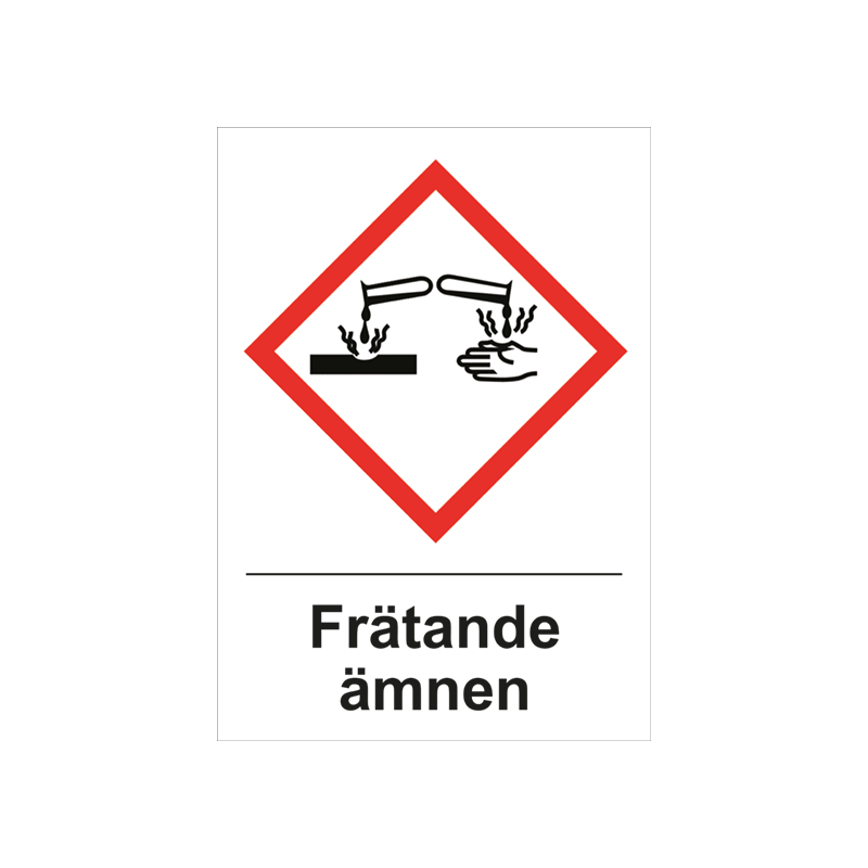 Varningsskylt i standardutförande med piktogram och text Frätande ämnen. Vit bakgrund och piktogram i rött och svart.