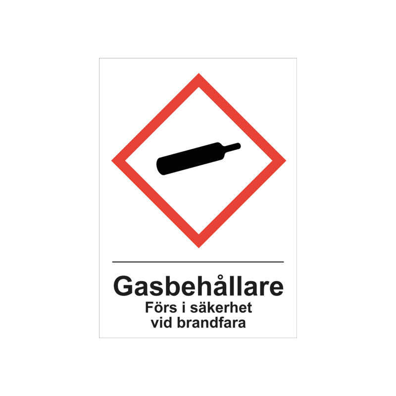 Varningsskylt i standardutförande med piktogram och text Gasbehållare förs i säkerhet vid brandfara. Vit bakgrund och piktogram i rött och svart.