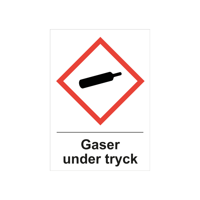 Varningsskylt i standardutförande med piktogram och text Gaser under tryck. Vit bakgrund och piktogram i rött och svart.