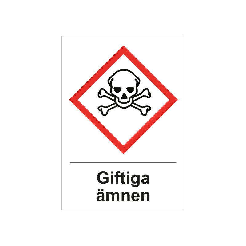 Varningsskylt i standardutförande med piktogram och text Giftiga ämnen. Vit bakgrund och piktogram i rött och svart.
