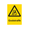 Varningsskylt i standardutförande med piktogram och text Godstrafik. Gul bakgrund och piktogram och text i svart.