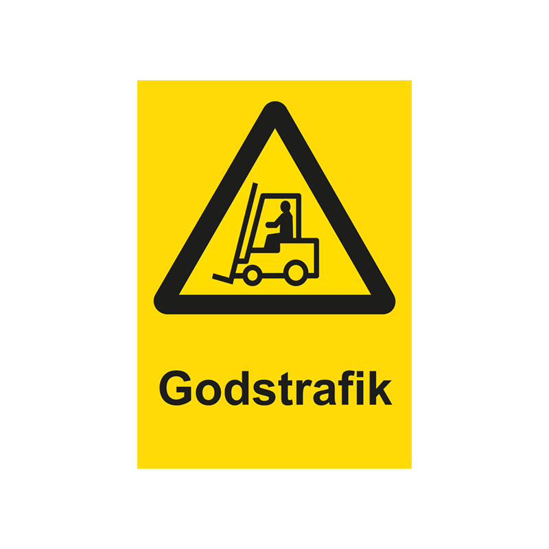 Varningsskylt i standardutförande med piktogram och text Godstrafik. Gul bakgrund och piktogram och text i svart.