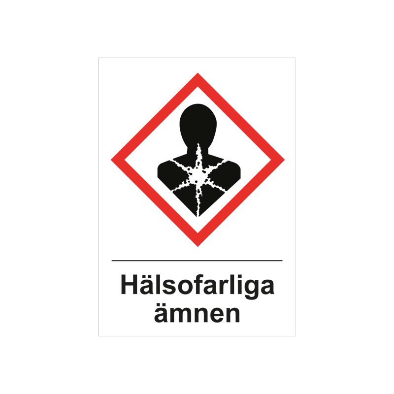Varningsskylt i standardutförande med piktogram och text Hälsofarliga ämnen. Vit bakgrund och piktogram i rött och svart.