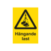 Varningsskylt i standardutförande med piktogram och text Hängande last. Gul bakgrund och piktogram och text i svart.