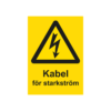 Varningsskylt i standardutförande med piktogram och text Kabel för starkström. Gul bakgrund och piktogram och text i svart.