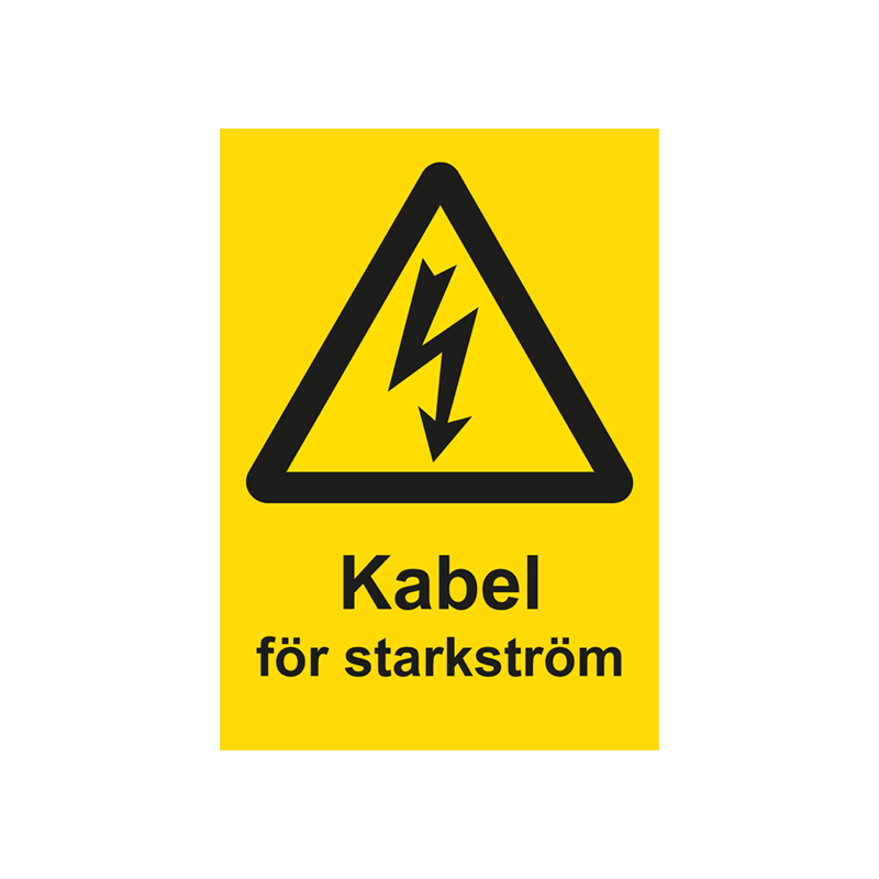 Varningsskylt i standardutförande med piktogram och text Kabel för starkström. Gul bakgrund och piktogram och text i svart.