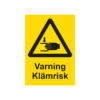 Varningsskylt i standardutförande med piktogram och text Varning klämrisk. Gul bakgrund och piktogram och text i svart.