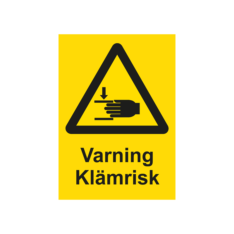 Varningsskylt i standardutförande med piktogram och text Varning klämrisk. Gul bakgrund och piktogram och text i svart.