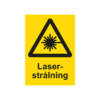 Varningsskylt i standardutförande med piktogram och text Laserstrålning. Gul bakgrund och piktogram och text i svart.