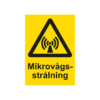 Varningsskylt i standardutförande med piktogram och text Mikrovågsstrålning. Gul bakgrund och piktogram och text i svart.