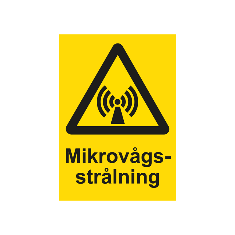 Varningsskylt i standardutförande med piktogram och text Mikrovågsstrålning. Gul bakgrund och piktogram och text i svart.