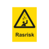 Varningsskylt i standardutförande med piktogram och text Rasrisk. Gul bakgrund och piktogram och text i svart.