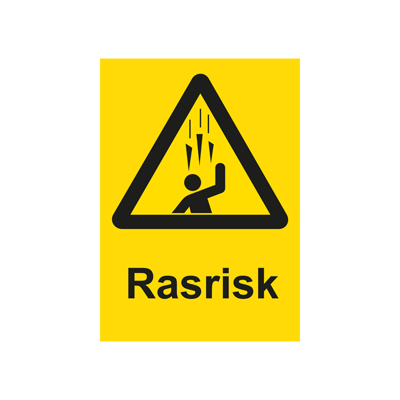 Varningsskylt i standardutförande med piktogram och text Rasrisk. Gul bakgrund och piktogram och text i svart.