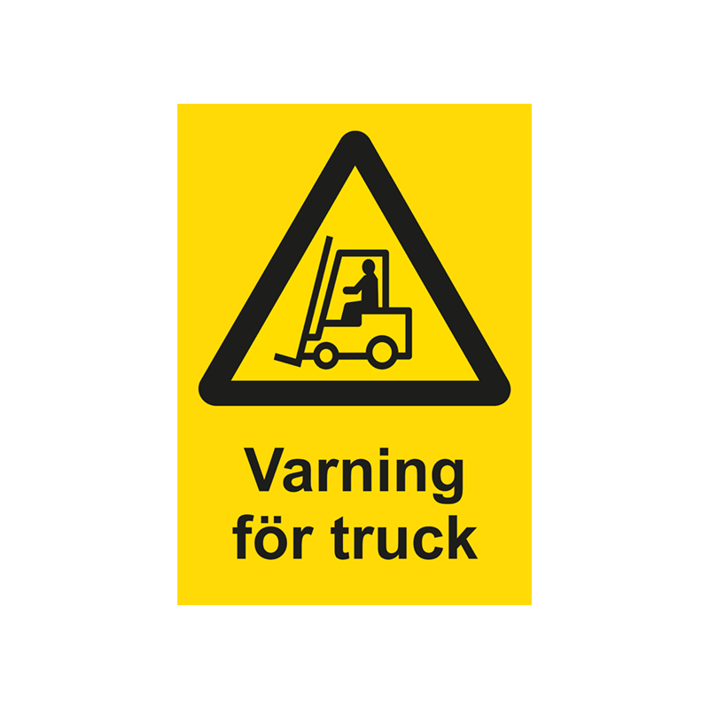 Varningsskylt i standardutförande med piktogram och text Varning för truck. Gul bakgrund och piktogram och text i svart.