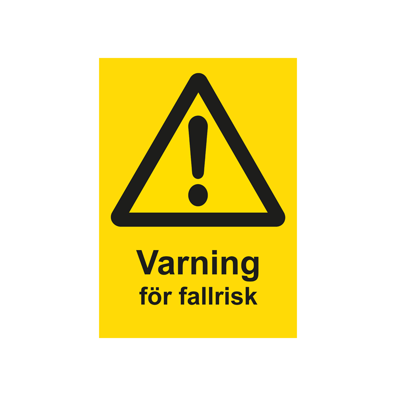 Varningsskylt i standardutförande med piktogram och text Varning för fallrisk. Gul bakgrund och piktogram och text i svart.