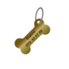 Exempel på guldfärgad namnbricka i form av en benknota / ben med graverad svart text. Passar bra till hundhalsband.