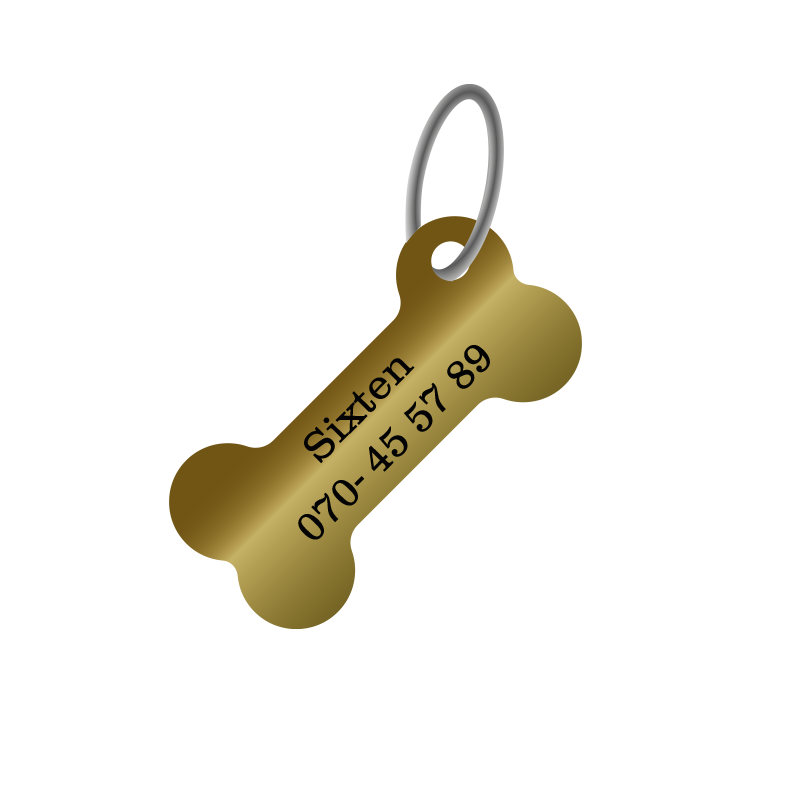 Exempel på guldfärgad namnbricka i form av en benknota / ben med graverad svart text. Passar bra till hundhalsband.