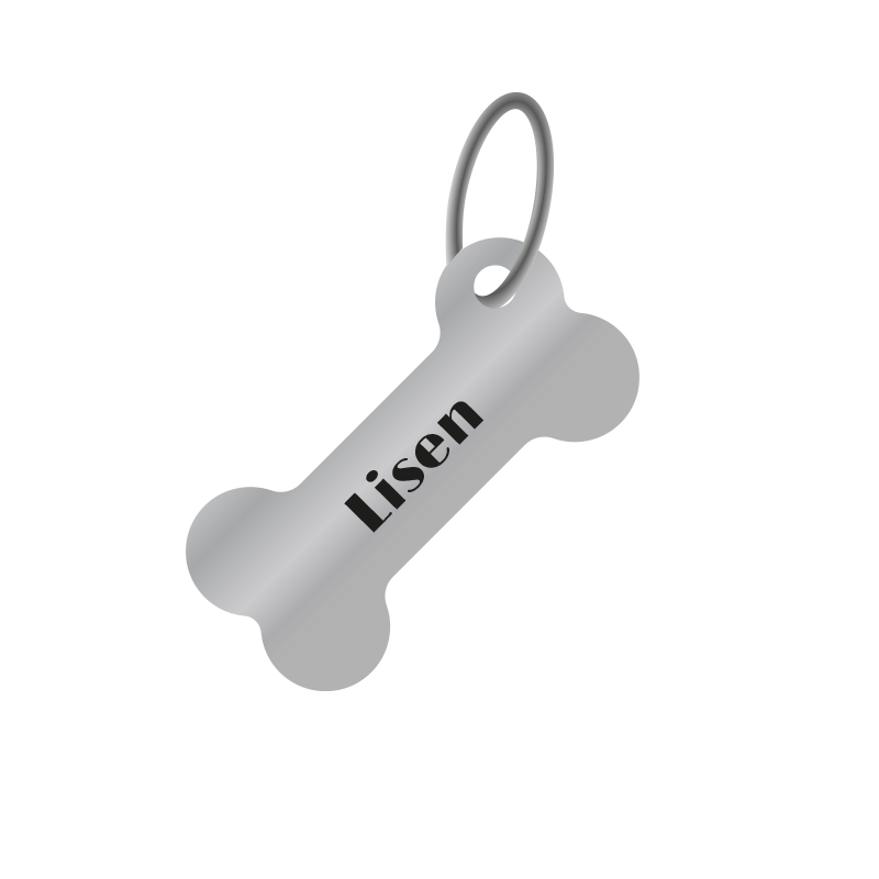 Exempel på silverfärgad namnbricka i form av en benknota / ben med graverad svart text. Passar bra till hundhalsband.