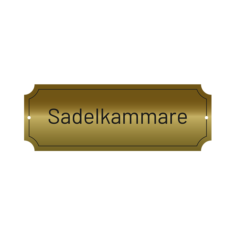 Plakett, eller skylt, med fransk ram. Lasergraverad text i svart. Storlek 225x80 mm, monteras med skruv alternativt dubbelhäftande tejp.