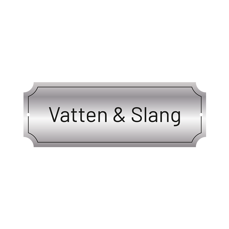 Plakett, eller skylt, med fransk ram. Lasergraverad text i svart. Storlek 225x80 mm, monteras med skruv alternativt dubbelhäftande tejp.