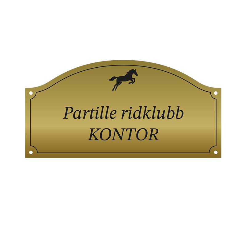 Valvformad plakett i guld med häst till stallet eller huset. Lasergraverad text i svart. storlek 225x112 mm, monteras med skruv alternativt dubbelhäftande tejp.