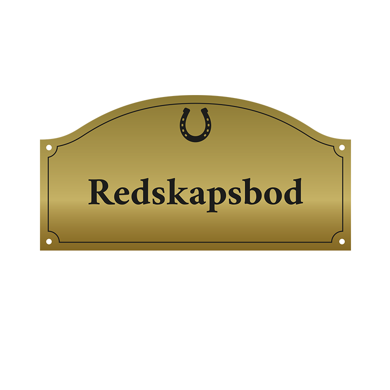 Valvformad plakett i guld med hästsko till stallet eller huset. Lasergraverad text i svart. storlek 225x112 mm, monteras med skruv alternativt dubbelhäftande tejp.
